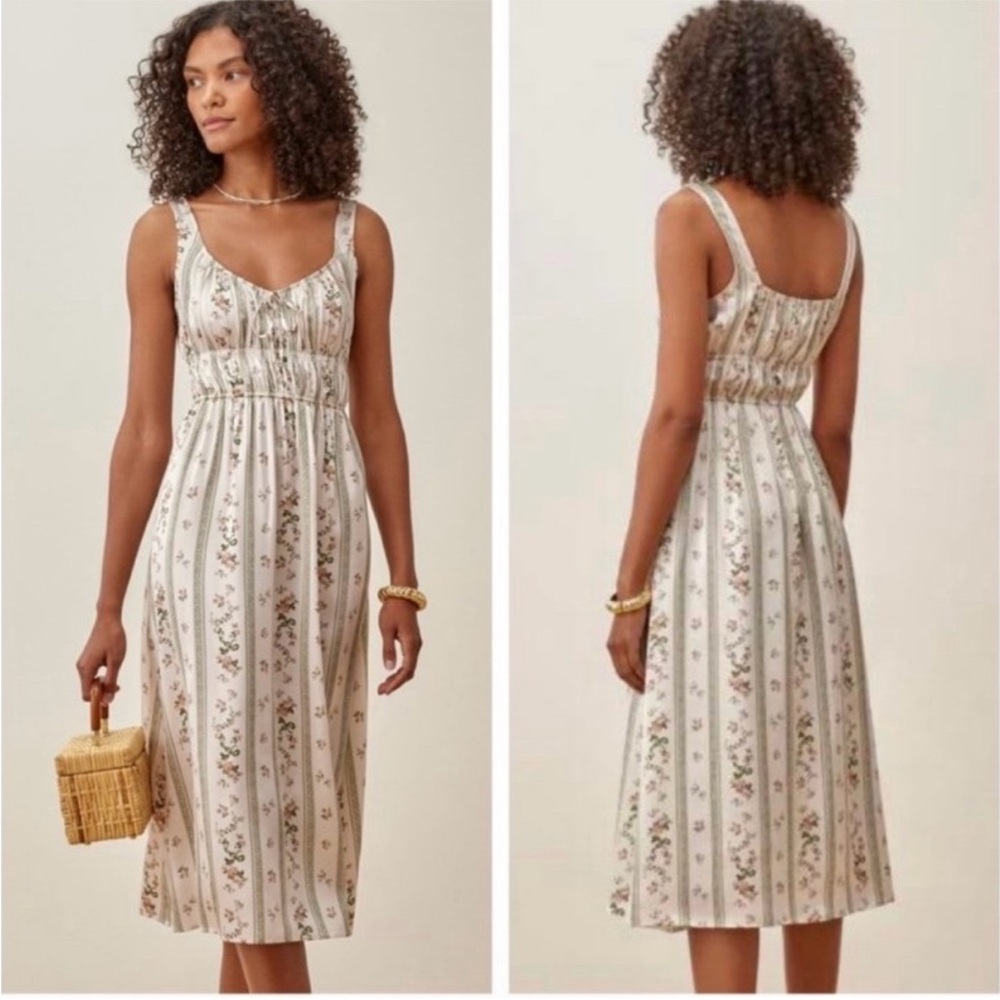 Reformation Cream Striped Floral Midi Dress